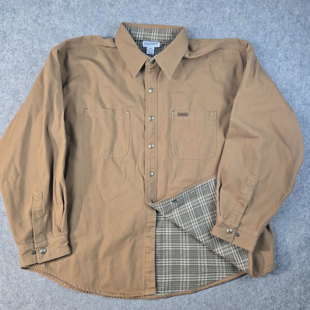 VTG Carhartt Shacket Mens 2XL Brown Flannel Lined Snap Button Heavyweight S96